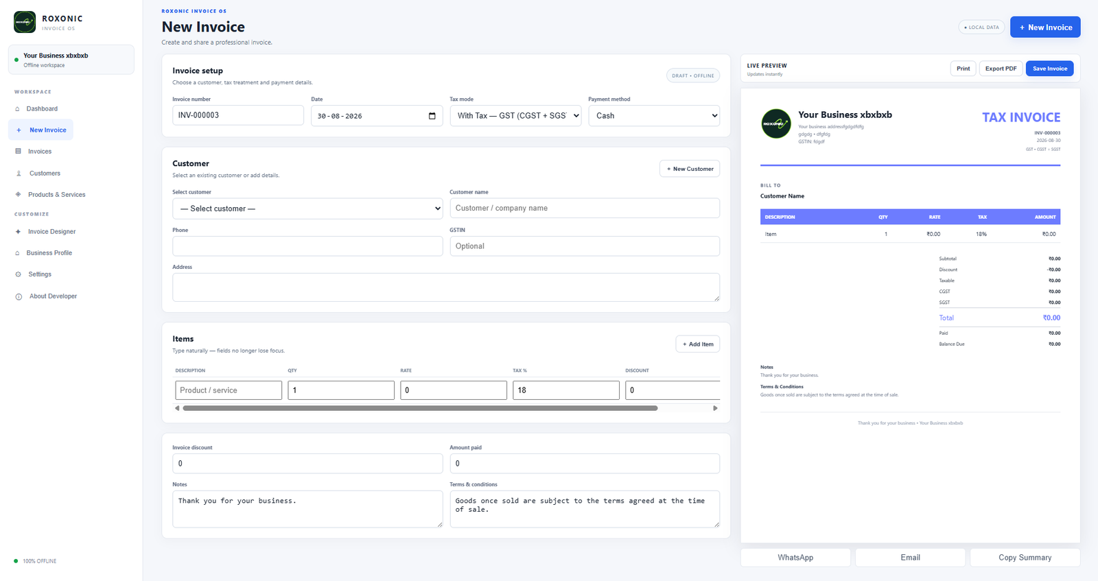 Roxonic Business Technology Software Dashboard — Operational Metrics and Invoicing Automation